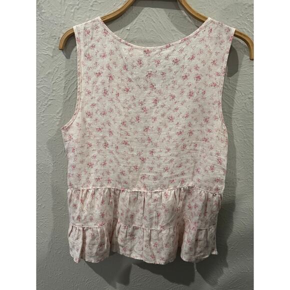 Shabby Chic Ruffled Floral Cottage Linen Sleeveless Blouse Small - Picture 3 of 4